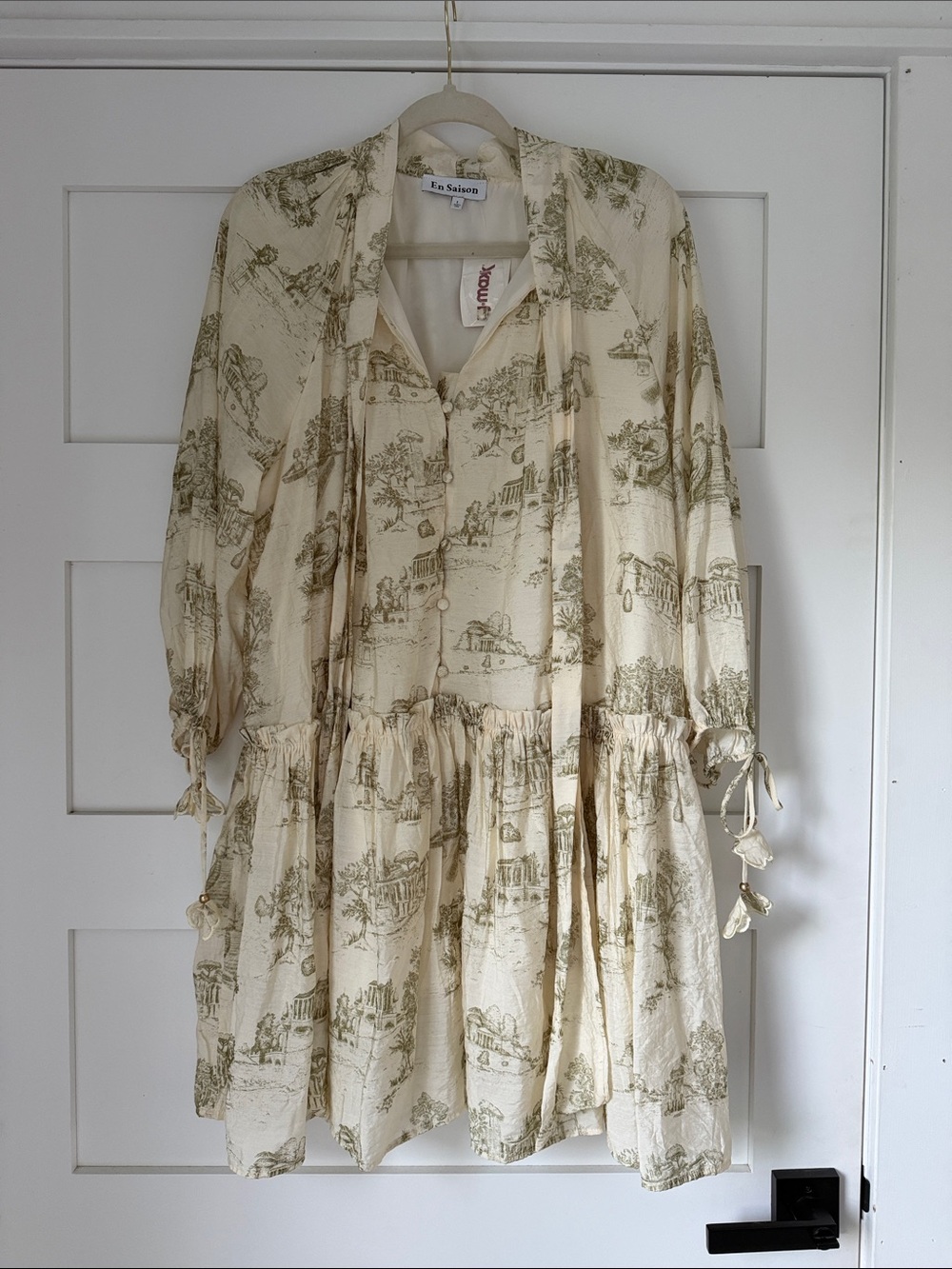 En Saison Dress Green Toile Womens Large 3/4 Sleeves Pretty Fall